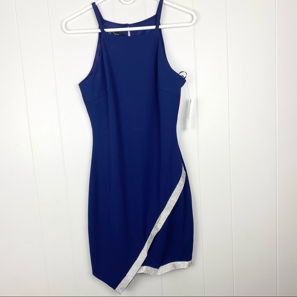 BCX Blue High Neck Asymmetrical Mini Formal Dress